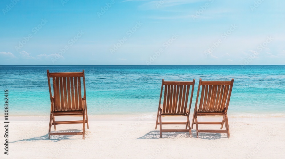 Beach Chairs by the Ocean, inviting scene of two chairs overlooking calm waters, perfect for relaxation, ideal for summer reflections and peaceful moments Beach Chairs by the Ocean, inviting scene of two chairs overlooking calm waters, perfect for relaxation, ideal for summer reflections and peaceful moments