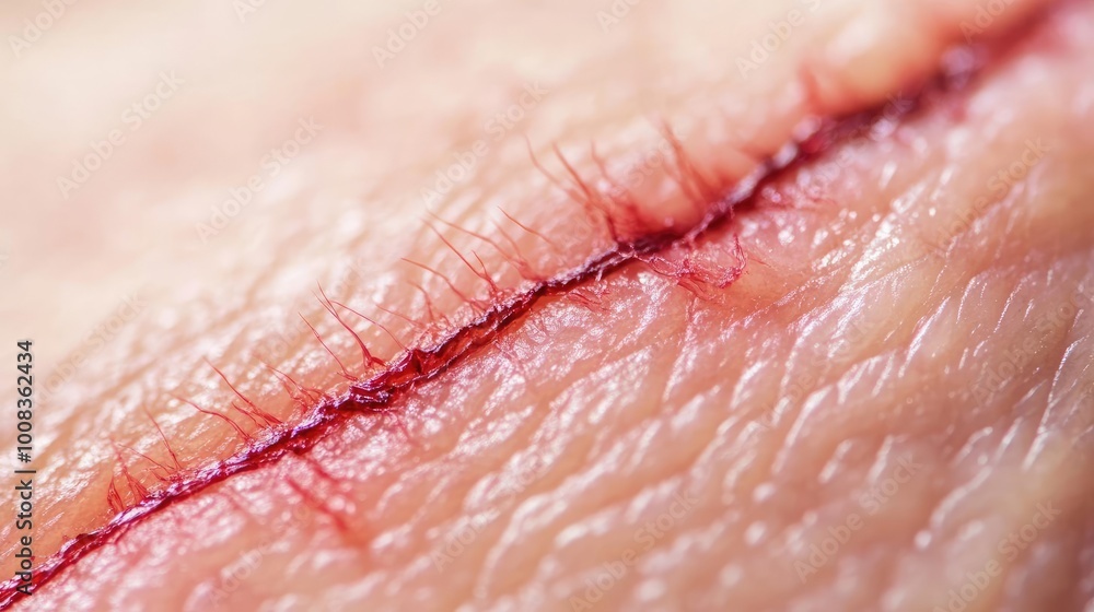 Fototapeta premium Close-up of a healing surgical incision with visible stitches, showcasing the texture and color of skin after surgery.