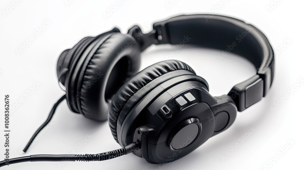 Black Over-Ear Headphones with Cord on White Background Black Over-Ear Headphones with Cord on White Background