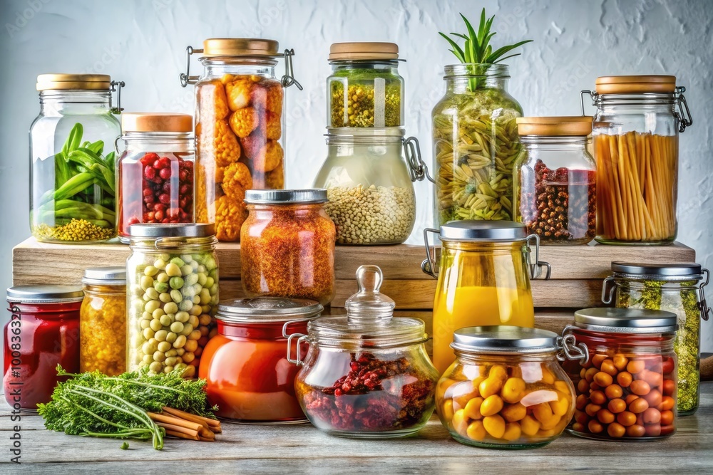 Assorted Pantry Items Displayed on a Clean White Background for Culinary and Food Photography Use Assorted Pantry Items Displayed on a Clean White Background for Culinary and Food Photography Use