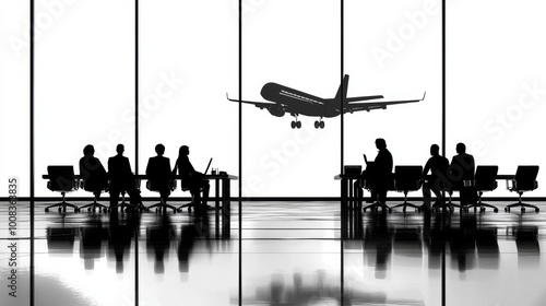 Business Meeting Silhouette with Airplane View