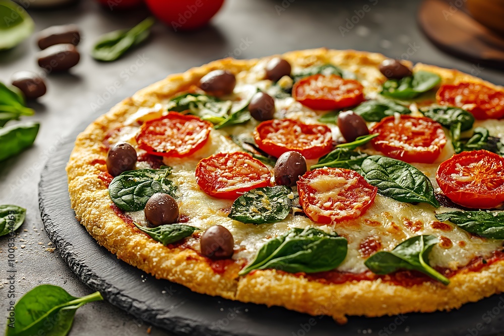 A Cauliflower Crust Pizza Topped With Spinach, Roasted Tomatoes, Olives, And A Sprinkle Of Vegan Cheese, Healthy Food Photography, Food Healthy Menu Style Photo Image A Cauliflower Crust Pizza Topped With Spinach, Roasted Tomatoes, Olives, And A Sprinkle Of Vegan Cheese, Healthy Food Photography, Food Healthy Menu Style Photo Image