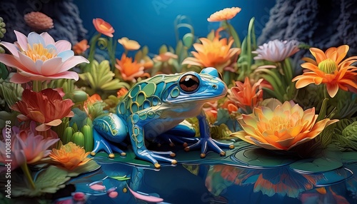 Blue frog in a beautiful colorful flower garden