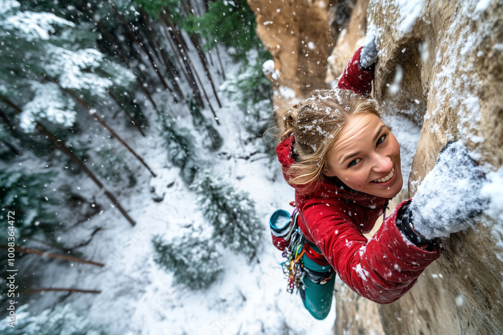 Adventurous woman climbing a snowy mountain. Extreme sports. Adventurous woman climbing a snowy mountain. Extreme sports.