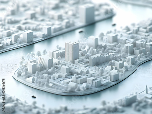 3D Illustration of White City Buildings on River Island photo