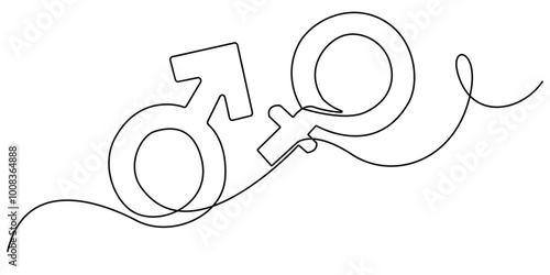 continuous one line drawing of male and female symbols.one line drawing of male and female gender sign icons.single line vector illustration.isolated white background