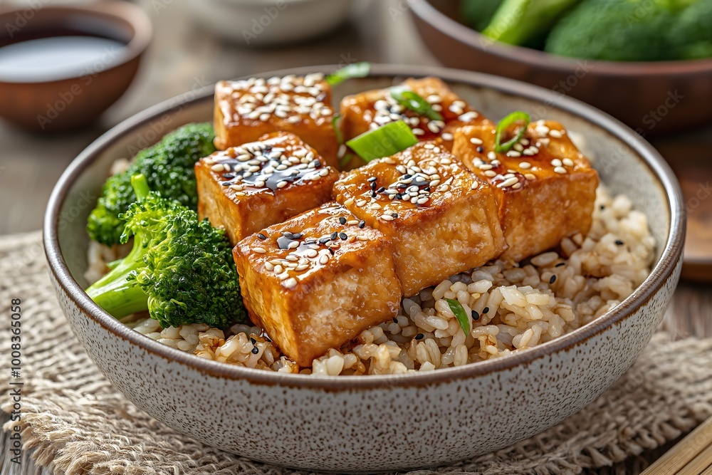 A Crispy Baked Tofu Served With A Side Of Sesame Broccoli And Brown Rice, Drizzled With A Soy Sesame Glaze, Healthy Food Photography, Food Healthy Menu Style Photo Image A Crispy Baked Tofu Served With A Side Of Sesame Broccoli And Brown Rice, Drizzled With A Soy Sesame Glaze, Healthy Food Photography, Food Healthy Menu Style Photo Image