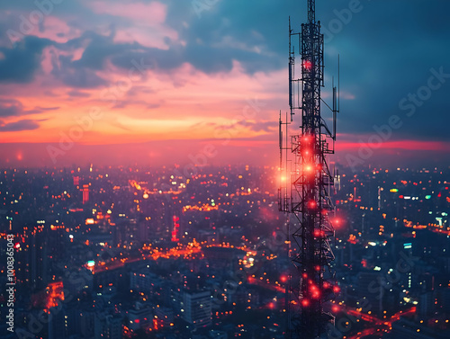 Telecommunication Tower Photo - Cityscape, Sunset, 5G Network, Technology