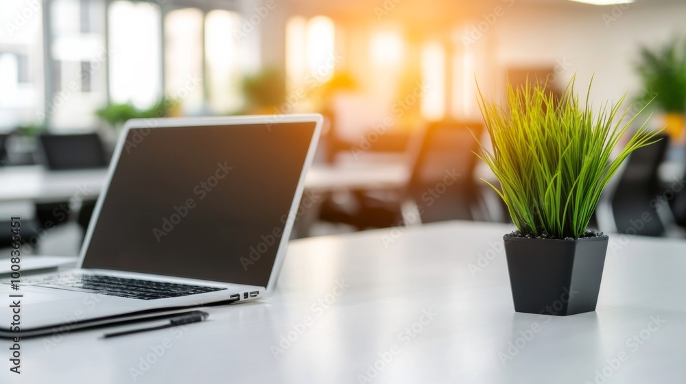 Modern Workspace with Laptop and Green Plant Modern Workspace with Laptop and Green Plant