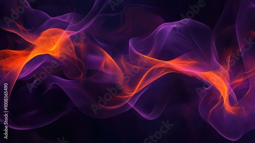 Dark, swirling forms with sharp edges in deep purple and neon orange, floating against a misty black backdrop, creating an unsettling Halloween atmosphere.