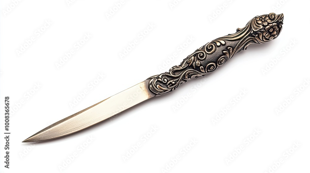 Ornate silver knife with floral handle isolated on white background Ornate silver knife with floral handle isolated on white background