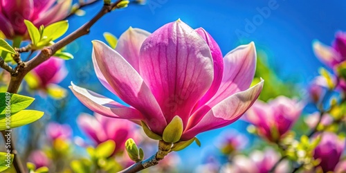 Beautiful Close-Up of a Tulip Tree Flower in Bloom Against a Soft Blue Sky Background