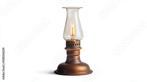 Ornate Copper Lamp with Glass Shade and Lit Bulb