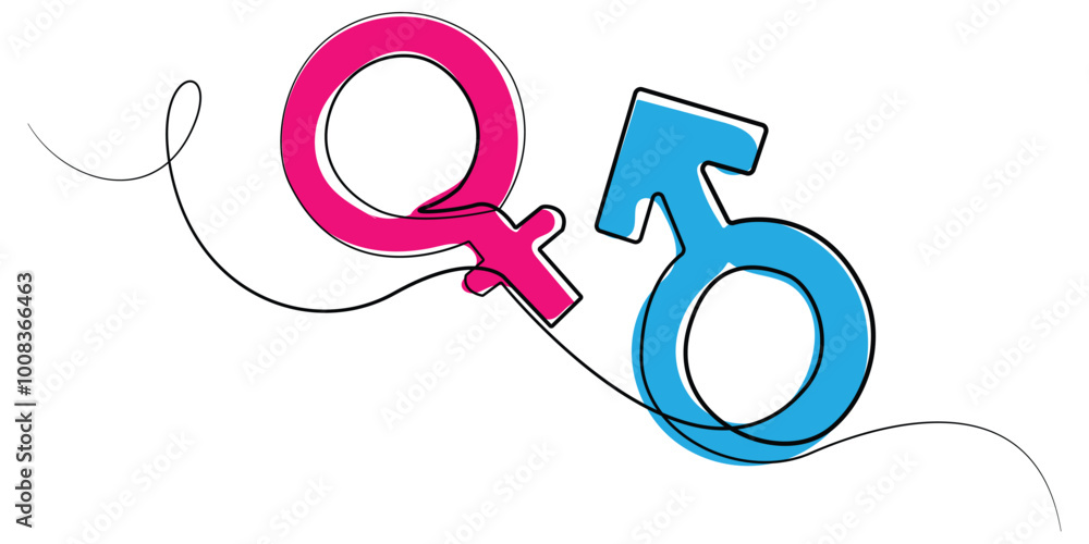line art drawing of male and female symbols.one line drawing of male and female gender sign icons pink and blue colors.single line vector illustration.isolated white background line art drawing of male and female symbols.one line drawing of male and female gender sign icons pink and blue colors.single line vector illustration.isolated white background
