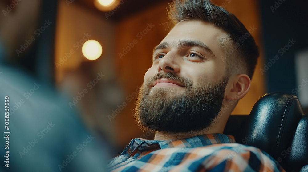 Naklejka premium W eleganckim salonie fryzjerskim, przystojny mężczyzna z zadbaną brodą siedzi na wygodnym fotelu, uśmiechając się do fryzjera, który właśnie stylizuje jego włosy.