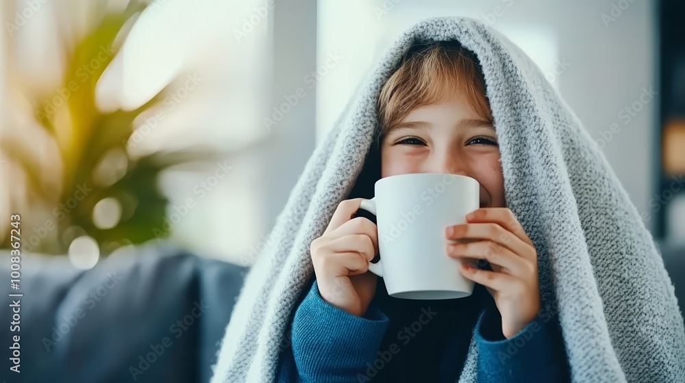 Child wrapped in a blanket, joyfully holding a mug, cozy indoor setting.