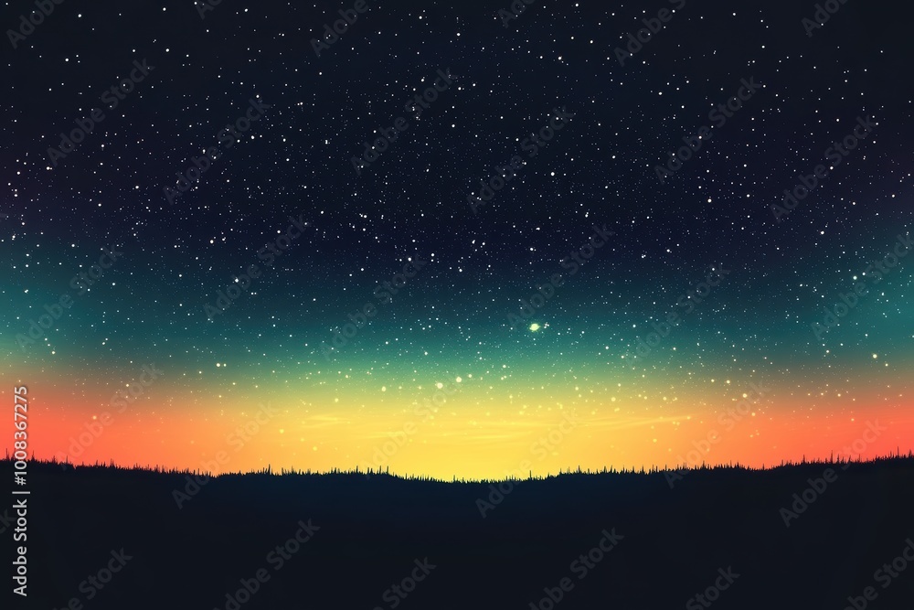 Naklejka premium Serene twilight sky with starry night silhouette