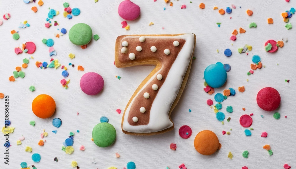 Decorated cookie, number 7, image for birthday or anniversary celebration Decorated cookie, number 7, image for birthday or anniversary celebration