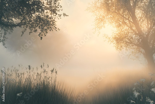 Serene foggy landscape at dawn with trees and tall grass.