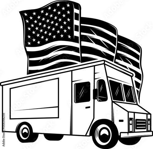 Retro food truck with american flag. Design element for poster, card, banner, sign. Vector illustration