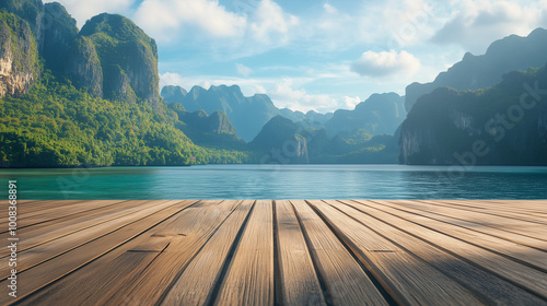 Fototapeta Na tle urzekających gór, których szczyty są pokryte śniegiem, widoczna jest przestronna, pusta drewniana podłoga.