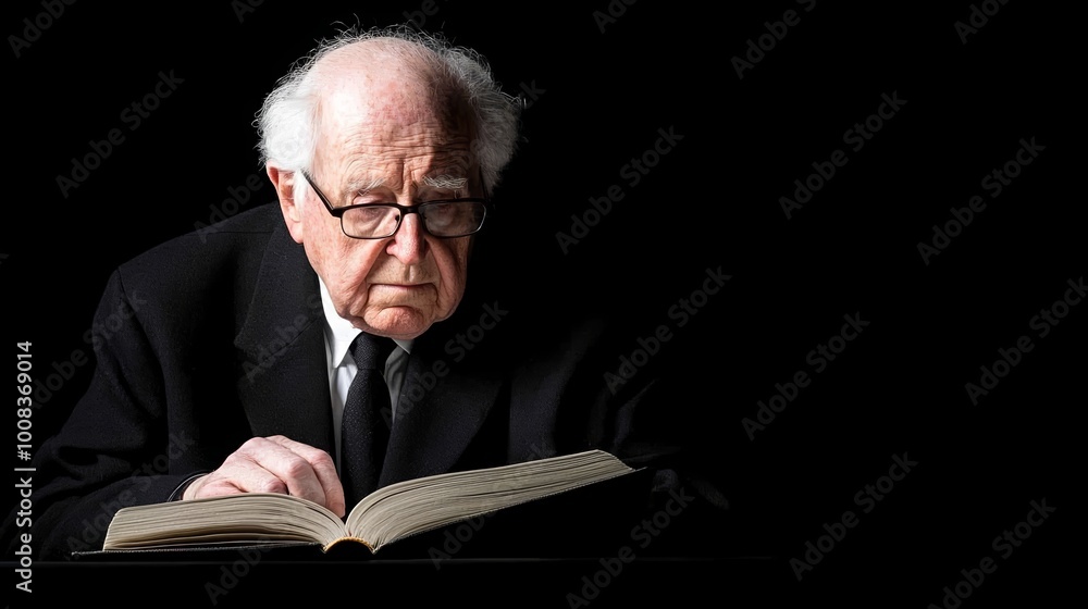 Elderly man reading a book, focused expression, black background.
