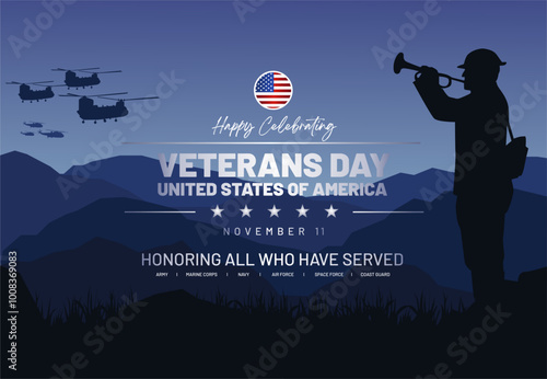 Dramatic Happy Veterans Day 11th November 2024 Concept. Veterans Day Celebration, Greeting, Background, Banner, Template, Poster, Social Media Story. 