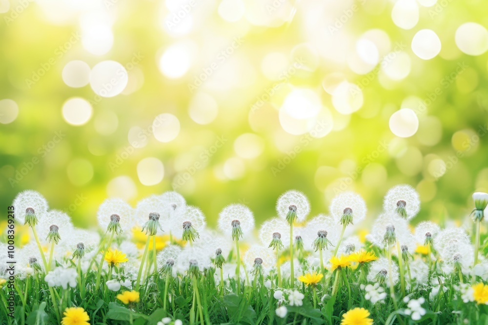 Serene dandelion field with vibrant greenery golden sunlight Serene dandelion field with vibrant greenery golden sunlight