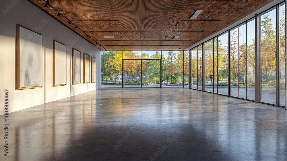 Illustration of Empty Gallery with Autumn View Illustration of Empty Gallery with Autumn View