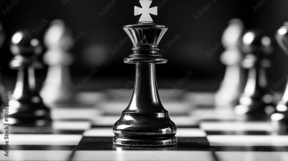 Black and White Chess Pieces with King Focused Black and White Chess Pieces with King Focused