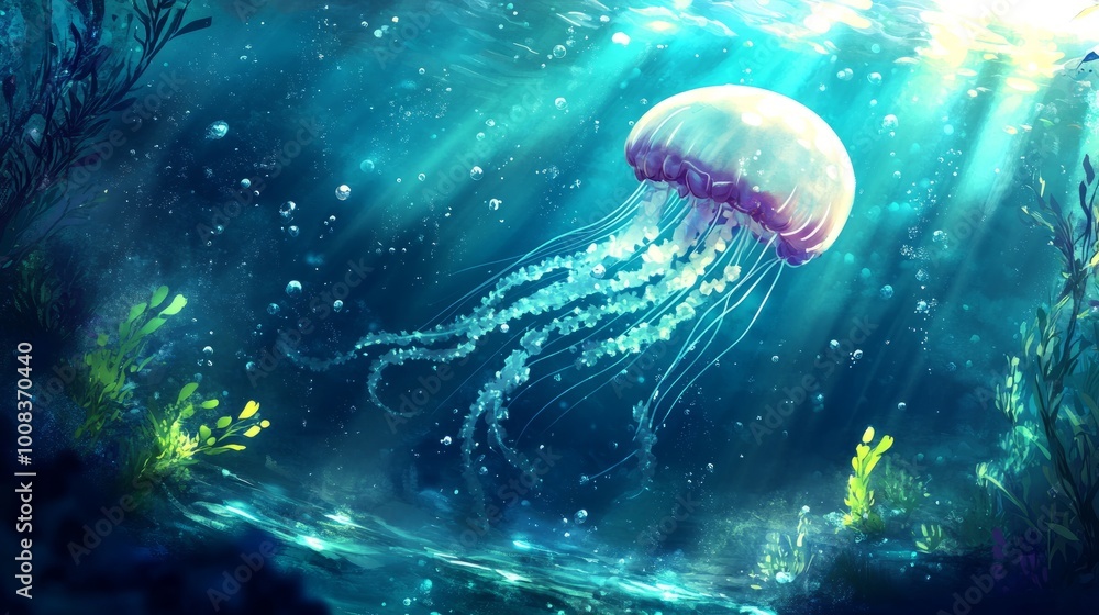 A single jellyfish swims through a sunlit underwater scene, surrounded by seaweed and bubbles. A single jellyfish swims through a sunlit underwater scene, surrounded by seaweed and bubbles.