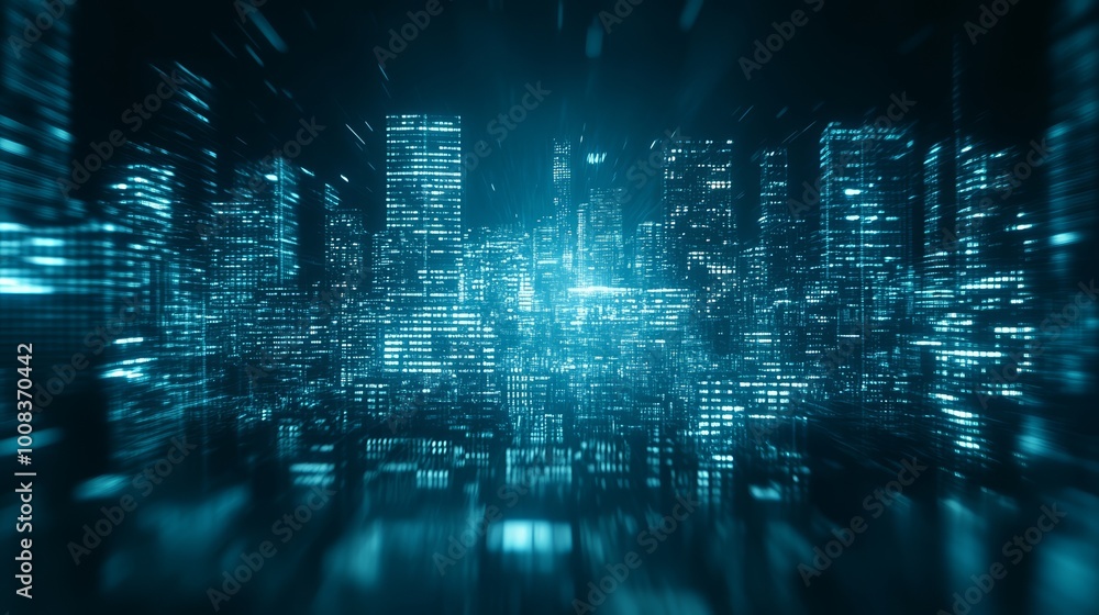 Futuristic cityscape with glowing buildings and a dynamic digital effect Futuristic cityscape with glowing buildings and a dynamic digital effect