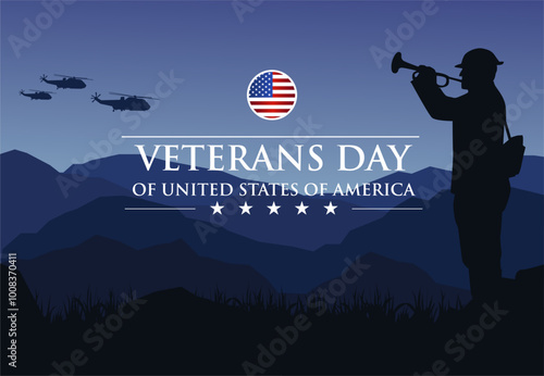 Happy veterans day 11th november 2024 celebration concept background. Dramatic silhouette of US soldier blowing trumpet over the beautiful valley to salute the veterans. Veterans day greeting template