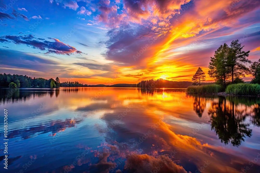 Obraz premium Beautiful sunset over a tranquil lake with vibrant colors reflecting on the calm water surface