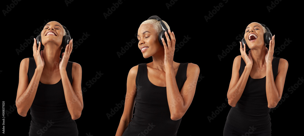 Φωτογραφία Smiling African woman wears black headphones and listening music playlist or podcast, figure relaxing and dancing isolated on black background