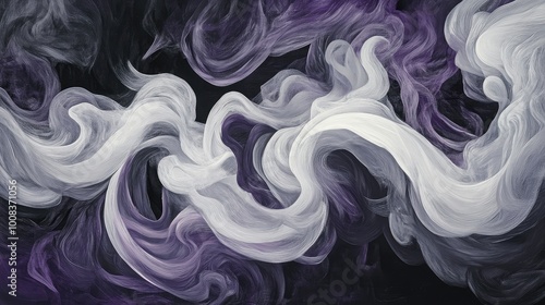 Ghostly swirls of pale gray and white, twisting and intertwining in an abstract dance, set against an ominous black and purple backdrop.