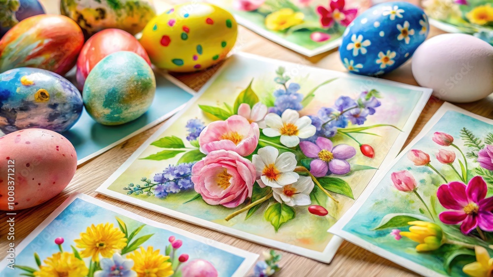 Fototapeta premium Beautiful Watercolor Easter Cards with Floral Designs, Eggs, and Spring Elements for Celebrations