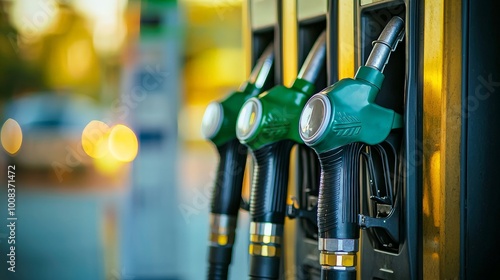 Colorful fuel gasoline dispenser background. Fuel pumps station close up, copy space. Close up gas pump nozzles on station.