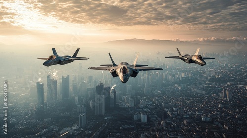 Military fighter jets flying above the city, aerial view. Warplane combat aircraft ready for air attack. photo