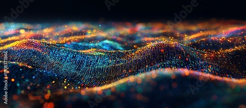 Colorful, abstract tech landscape showing big data analysis and machine learning.