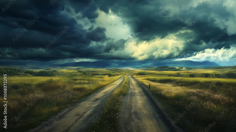 Fototapeta premium Na drodze ku burzy powietrze pulsuje napięciem. W miarę zbliżania się do celu, niebo staje się coraz ciemniejsze, a chmury wirują w niepokojących formacjach. 