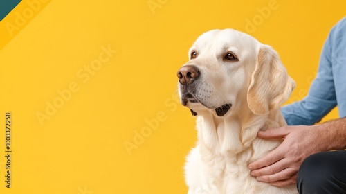 Loyal golden retriever dog sits beside a person on a vibrant yellow background.