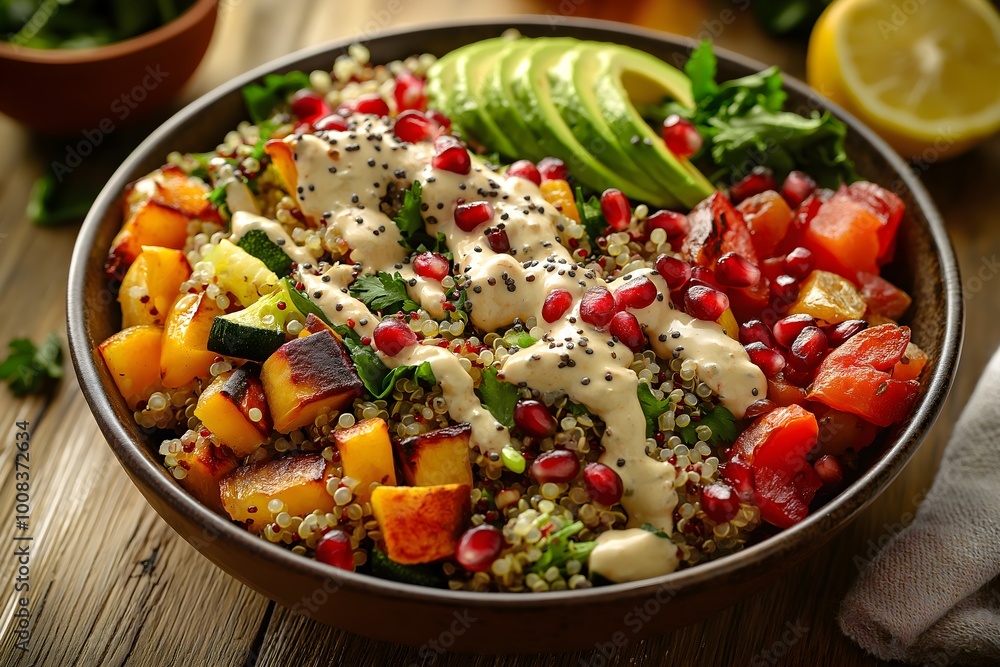 A Vibrant Quinoa Salad With Roasted Vegetables, Avocado Slices, Pomegranate Seeds, Lemon Tahini Drizzle On A Wooden Table, Healthy Food Photography, Food Healthy Menu Style Photo Image A Vibrant Quinoa Salad With Roasted Vegetables, Avocado Slices, Pomegranate Seeds, Lemon Tahini Drizzle On A Wooden Table, Healthy Food Photography, Food Healthy Menu Style Photo Image