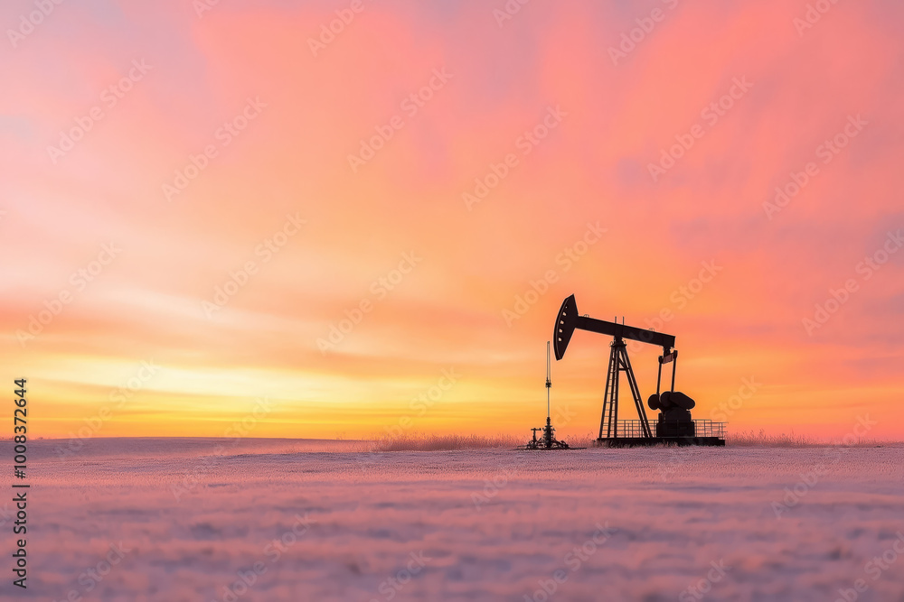 Fototapeta premium Oil pumpjack silhouetted against a bright sunset on snowy field