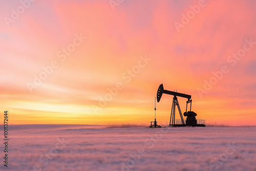 Oil pumpjack silhouetted against a bright sunset on snowy field