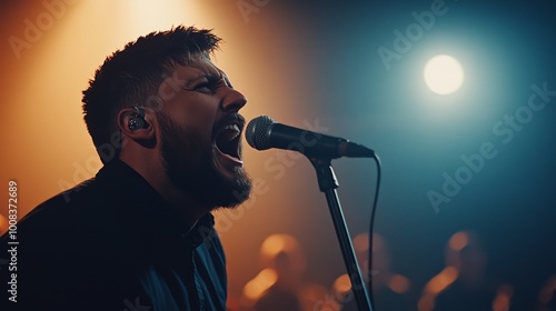 Man singing passionately into a microphone on stage with dramatic lighting. photo