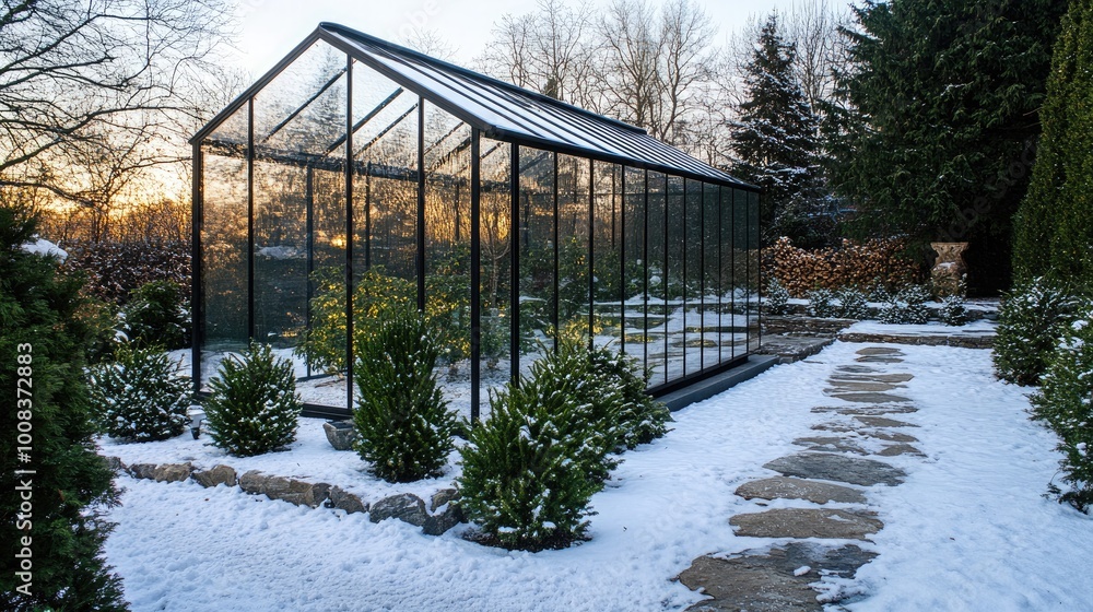 A minimalist winter garden with a heated glass enclosure, evergreen plants, and a stone pathway A minimalist winter garden with a heated glass enclosure, evergreen plants, and a stone pathway