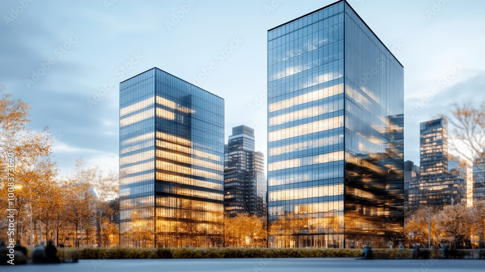 Fototapeta premium Modern glass office buildings with autumn trees and vibrant sky.