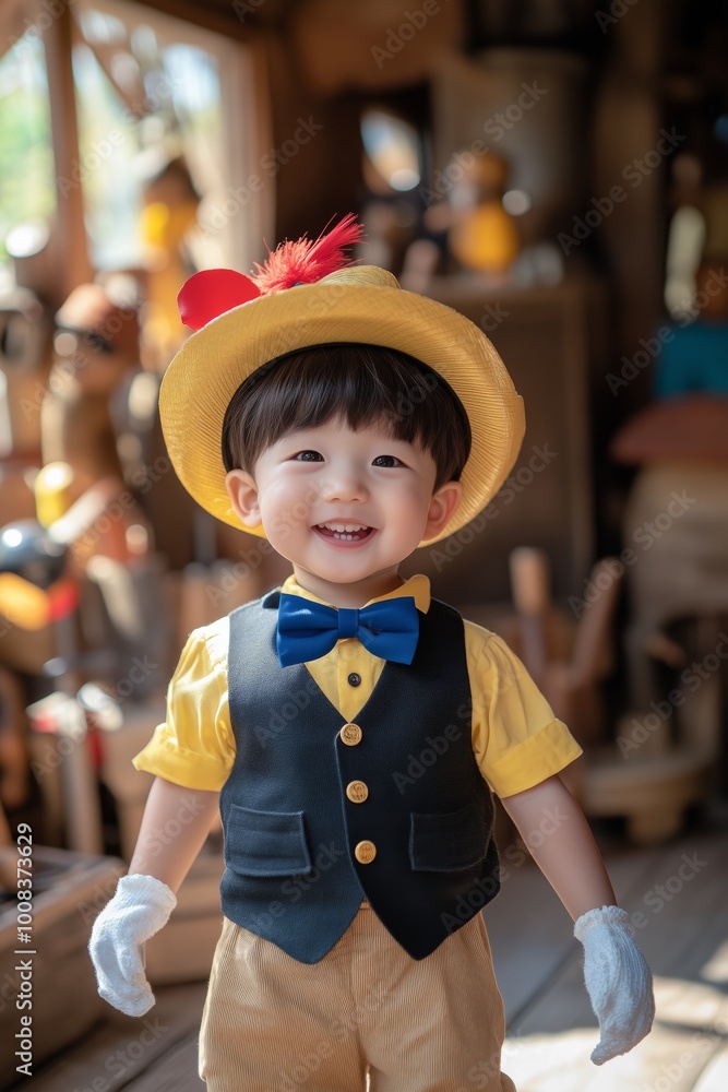 Smiling young child wearing an ornate costume with colorful hat, vest, and bow tie, exuding joy and charm. Smiling young child wearing an ornate costume with colorful hat, vest, and bow tie, exuding joy and charm.