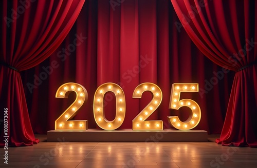 beautiful red velvet curtain adorns the stage, golden number 2025. Circus concert, theater, Christmas and New Year 2025, performance photo